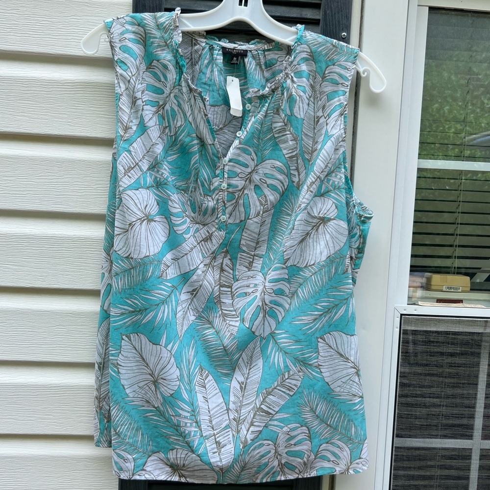 NWT Talbots Cute Aqua White Leaf Pattern Cotton Lined Sleeveless Blouse